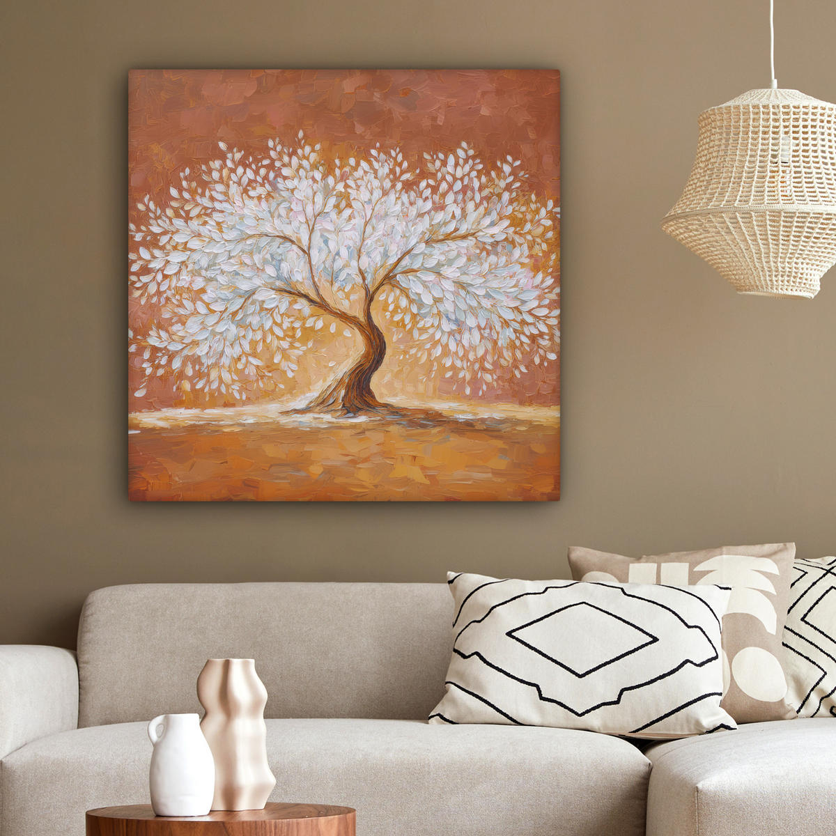 LEINWANDBILD Abstrakt - Baum - Weiß - Blätter Deko Groß 90x90 cm - Braun, Textil (90/90cm) - MuchoWow