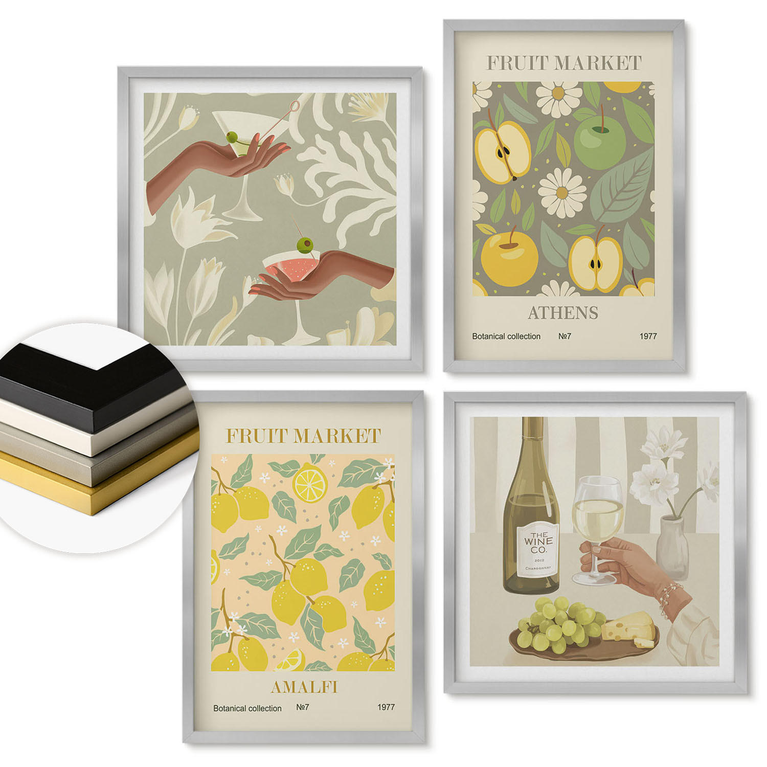 WANDBILDER 4er Set - 50x50 cm & 40x60 cm Silberner Rahmen - Fruchtige Muster italienischer Wein - Silberfarben, Kunststoff (50/50cm) - ArtPrintCave