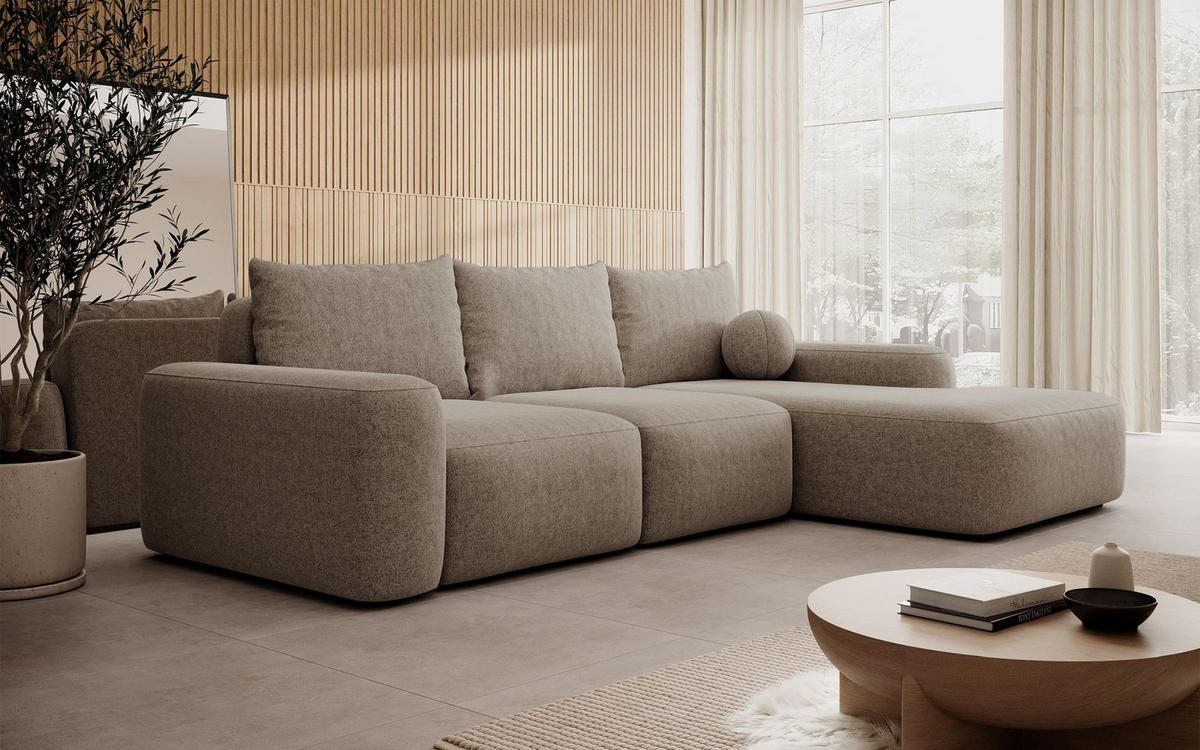 ECKSOFA Carnos mit Ballkissen, Hellbraun Chenille, rechtsseitig - Hellbraun/Schwarz, Kunststoff/Textil (264/162cm) - Selsey
