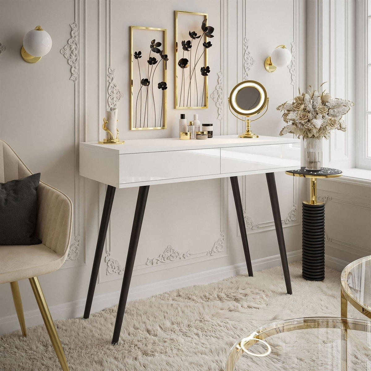 KONSOLE SIENNA LOFT mit Schubladen PUSH OPEN - Weiß Hochglanz/Schwarz, Holzwerkstoff (100/81/42cm)