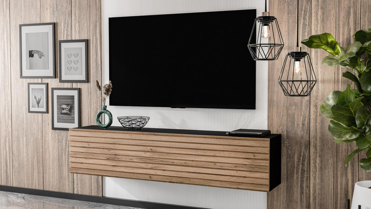 LOWBOARD ZIVOLLI 160 Schwarz, Wotan Lamellen 160/34/40 cm – TV-Hängeschrank mit Lamellenfront - Hellbraun/Schwarz, Holzwerkstoff/Kunststoff (160/34/40cm) - AX Living