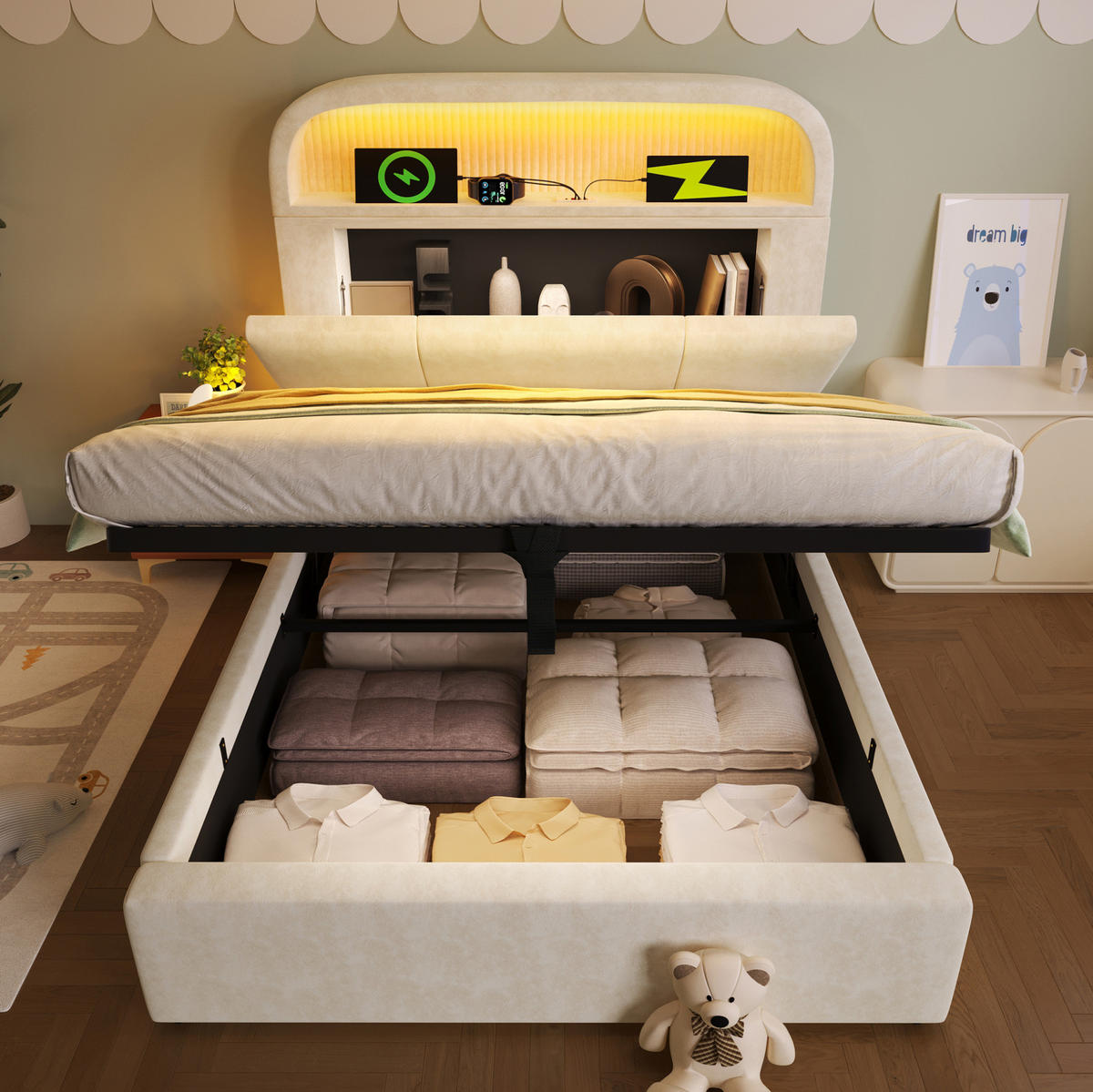 BETT mit Stauraum 90x200 cm Samt Beige inkl. Matratze - Beige, Metall (90/200cm) - Meubliv