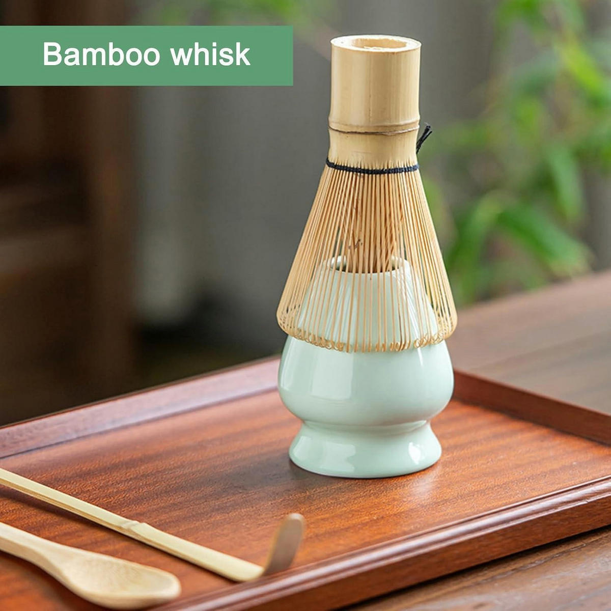 MATCHA Besen Set 4-teilig mit Löffeln und Halter cyanfarben - Türkis, Naturmaterialien (8/1.5/20cm)