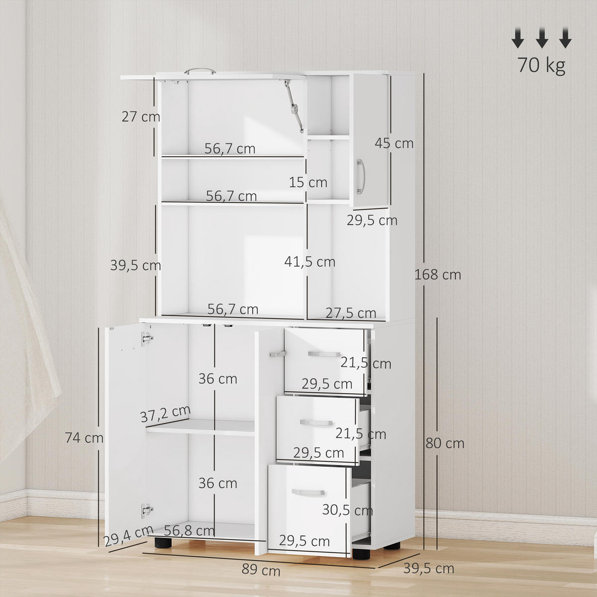 BUFFET DE-11117 4 Türen & 3 Schubladen mit Arbeitsplatte Weiß - Weiß, Holzwerkstoff (39.5/168/89cm) - ComfortXL