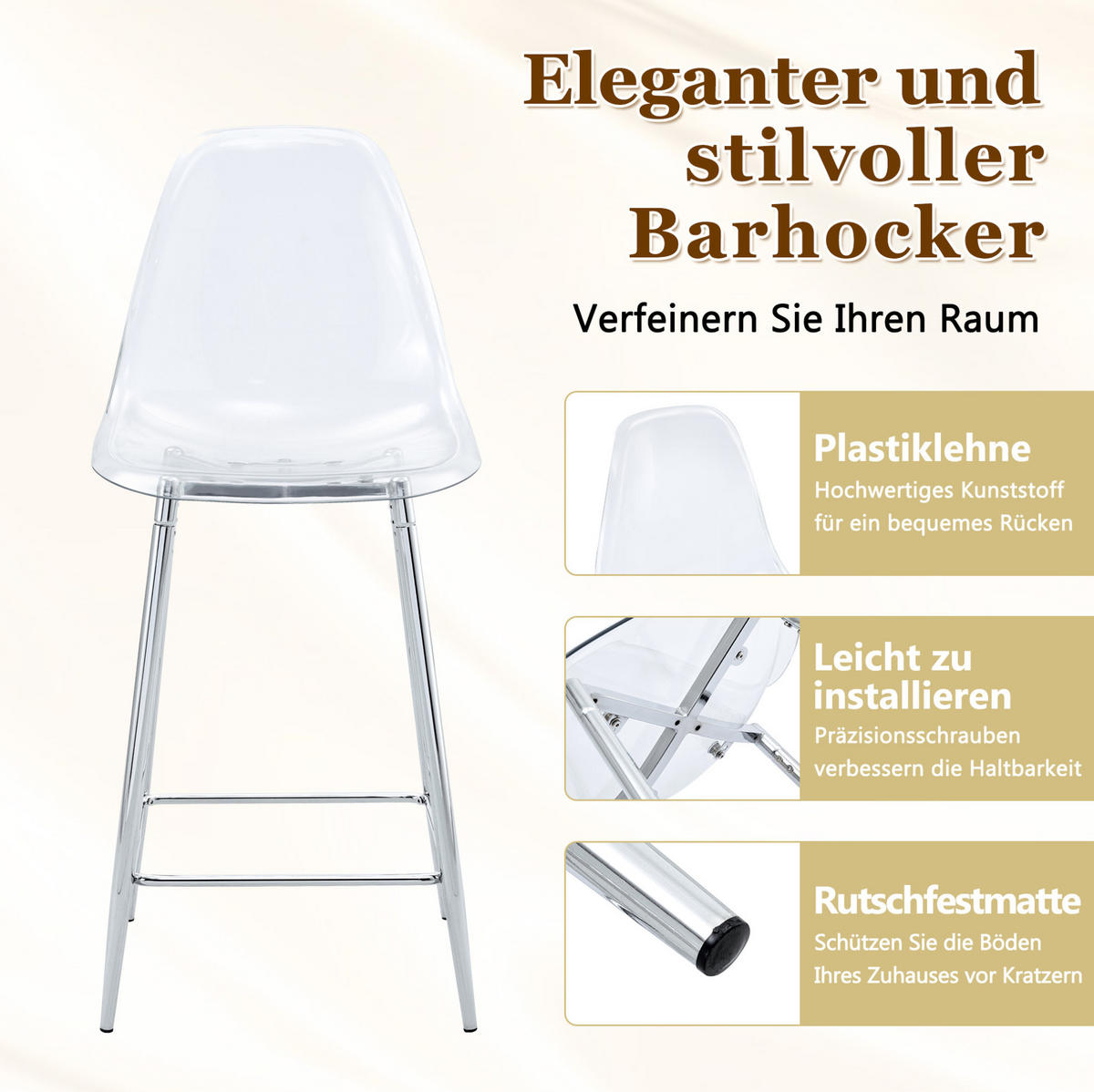 BARHOCKER mit transparentem Sitz und Metallgestell, Silberfarben - Silberfarben, Kunststoff (45/102/51cm) - MIVRAY