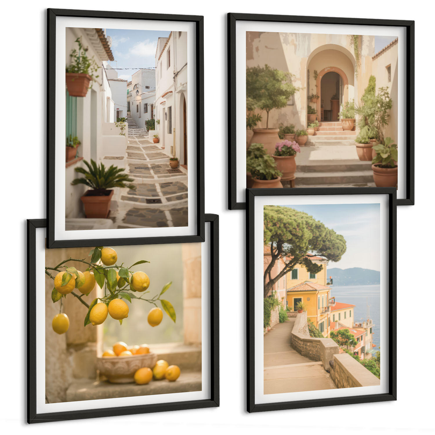 BILDER SET 4er Set - 50x50 cm & 40x60 cm Schwarzer Rahmen - Zitrusbaum im Fenster am Meer - Schwarz, Kunststoff (50/50cm) - TULUP