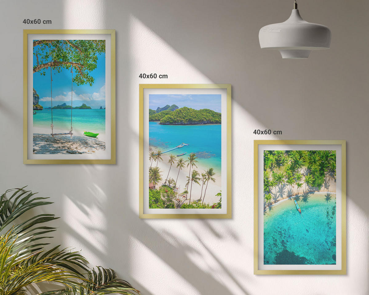 WANDBILDER 3er Set - 40x60 cm Goldrahmen - Strände, Palmen, klares Wasser - Goldfarben, Kunststoff (40/60cm) - ArtPrintCave