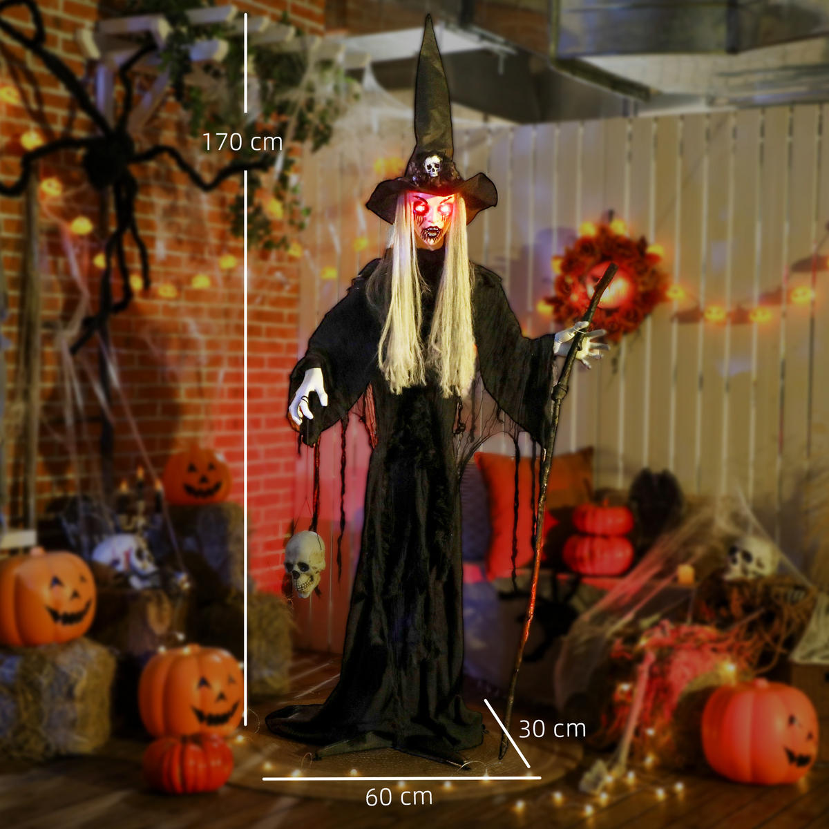 HALLOWEEN-DEKORATION Hexe 170 cm mit LED-Lichter, Soundfunktion - Schwarz, Textil (30/170/60cm) - Outsunny