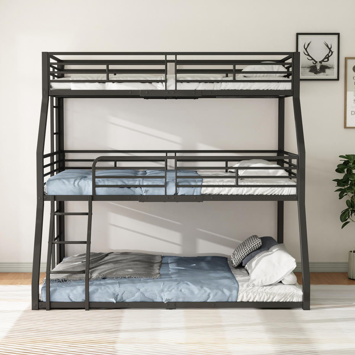 ETAGENBETT 90/200 cm aus Metall mit 3 Schlafplätzen, 2 Leitern und Sicherheitsgeländern, Schwarz - Schwarz, Metall (90/200cm) - Redom