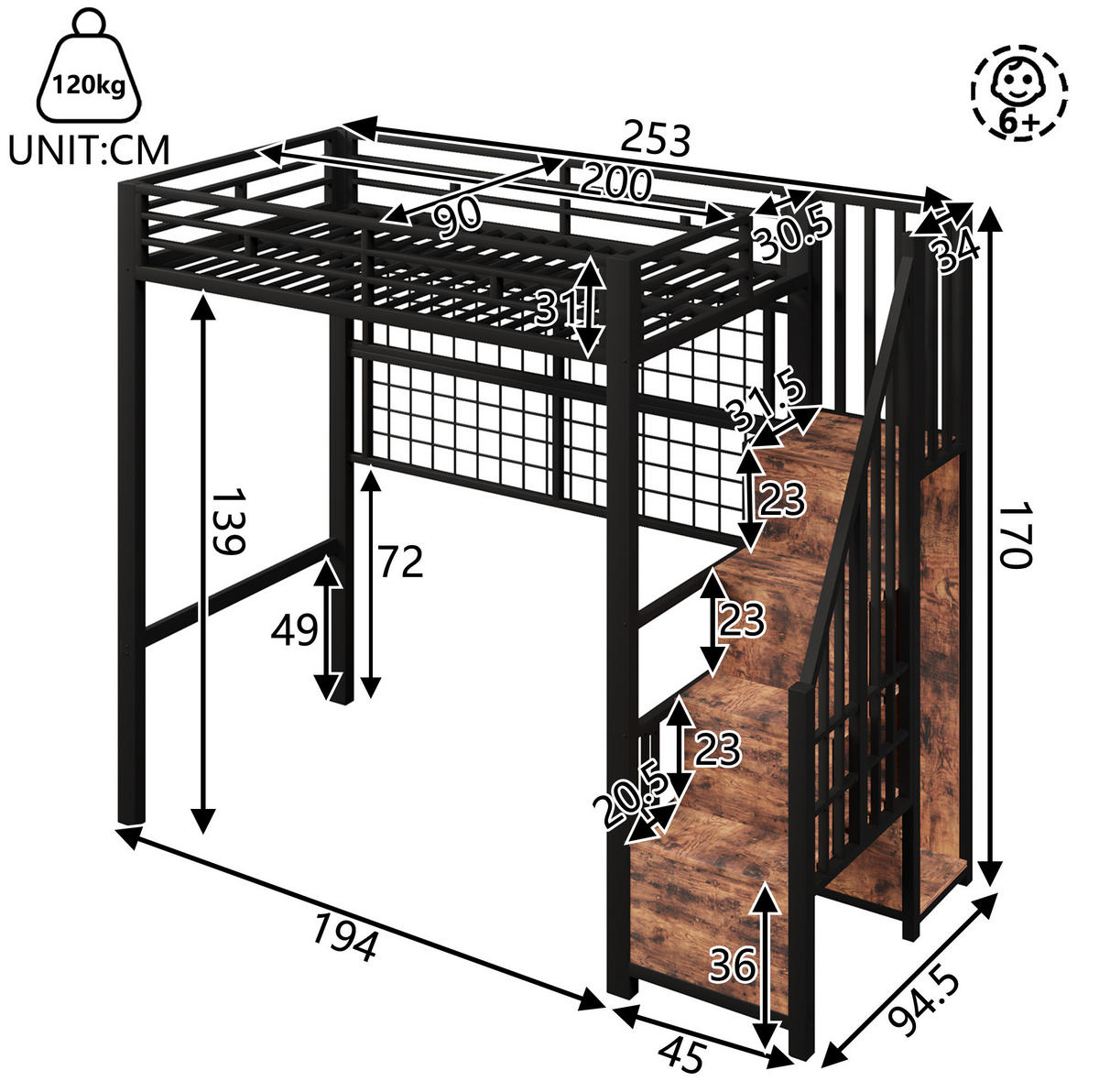 HOCHBETT 90/200 cm, Schwarz mit Stauraumleiter, Hänggitter, ohne Matratze - Schwarz, Metall (90/200cm) - MIVRAY