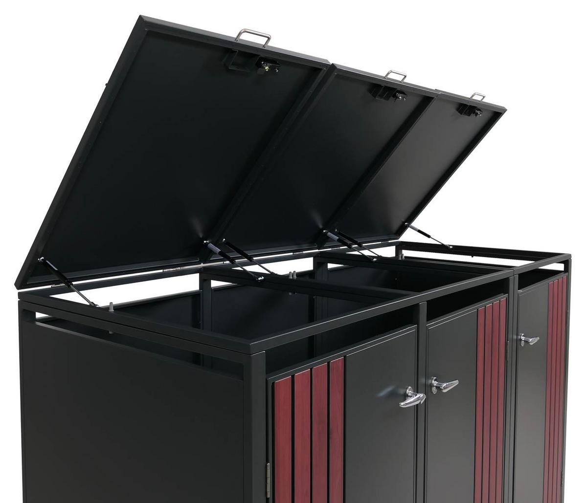 MÜLLTONNENBOX 3er mit Deckel HxBxT 122x200x84cm Anthrazit Holzoptik dunkel - Anthrazit, Metall (200/122/84cm) - PROREGAL