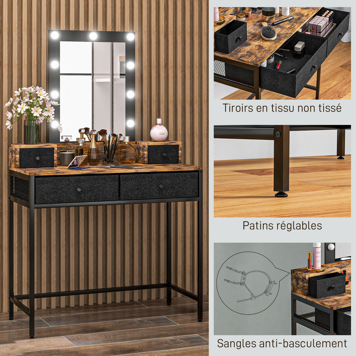 SCHMINKTISCH DE-18291 Dunkles Holz/Schwarz - Braun, Holzwerkstoff (40/148/90cm) - ComfortXL