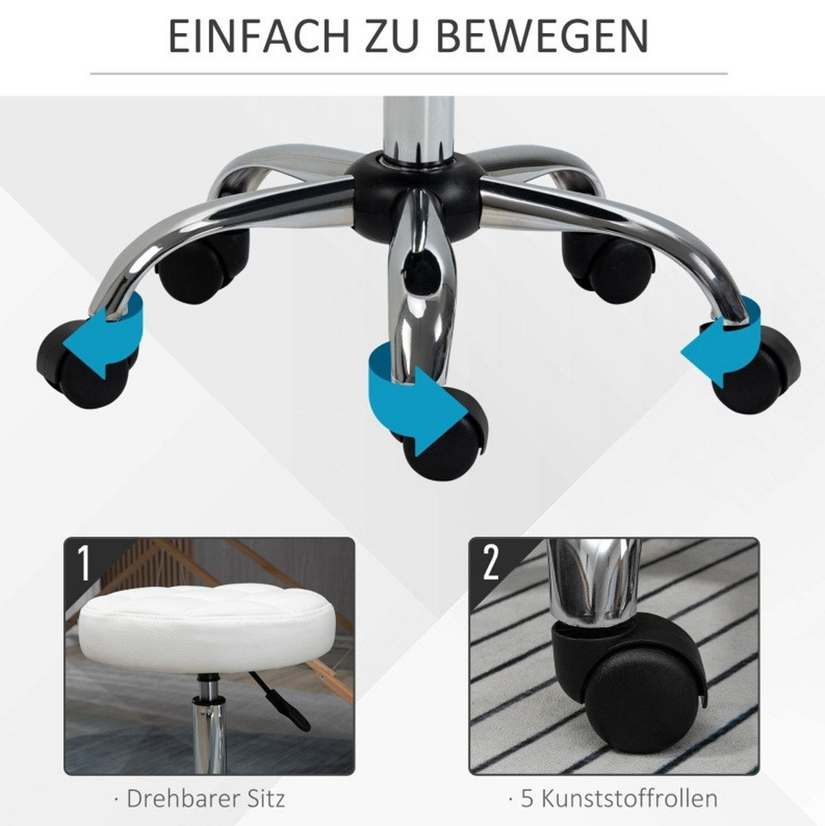 ROLLHOCKER in Weiß 35,5x35,5x67 cm, höhenverstellbar von 48 bis 63 cm, mit 5 Rollen - Weiß, Kunststoff (35.5/67/35.5cm) - IVMEU