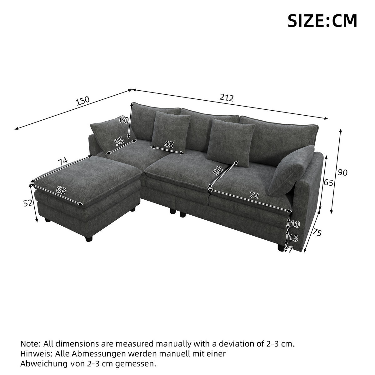 ECKSOFA mit Chaiselongue Chenille Grau 212/150/90 cm - Grau, Textil (212/150cm) - EVRYAE