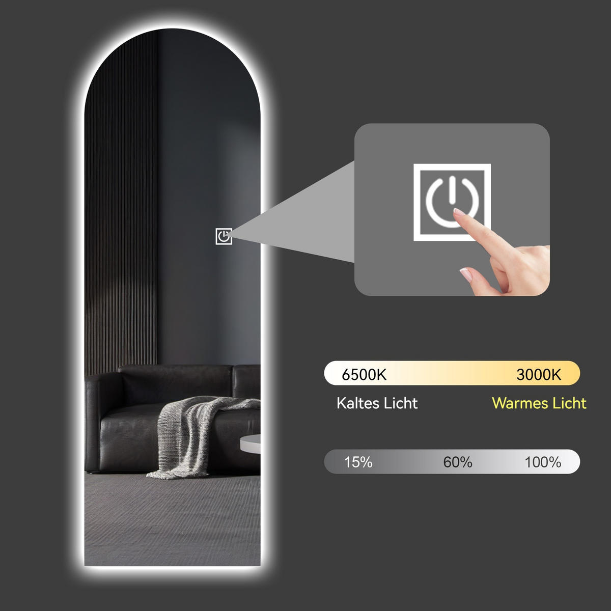 STANDSPIEGEL LED bogenförmig – Ganzkörperspiegel dimmbar, hochauflösend, bruchsicher, freistehend oder Wandmontage, hell beleuchtet - Silberfarben, Glas (50/3/165cm) - Ej. Life