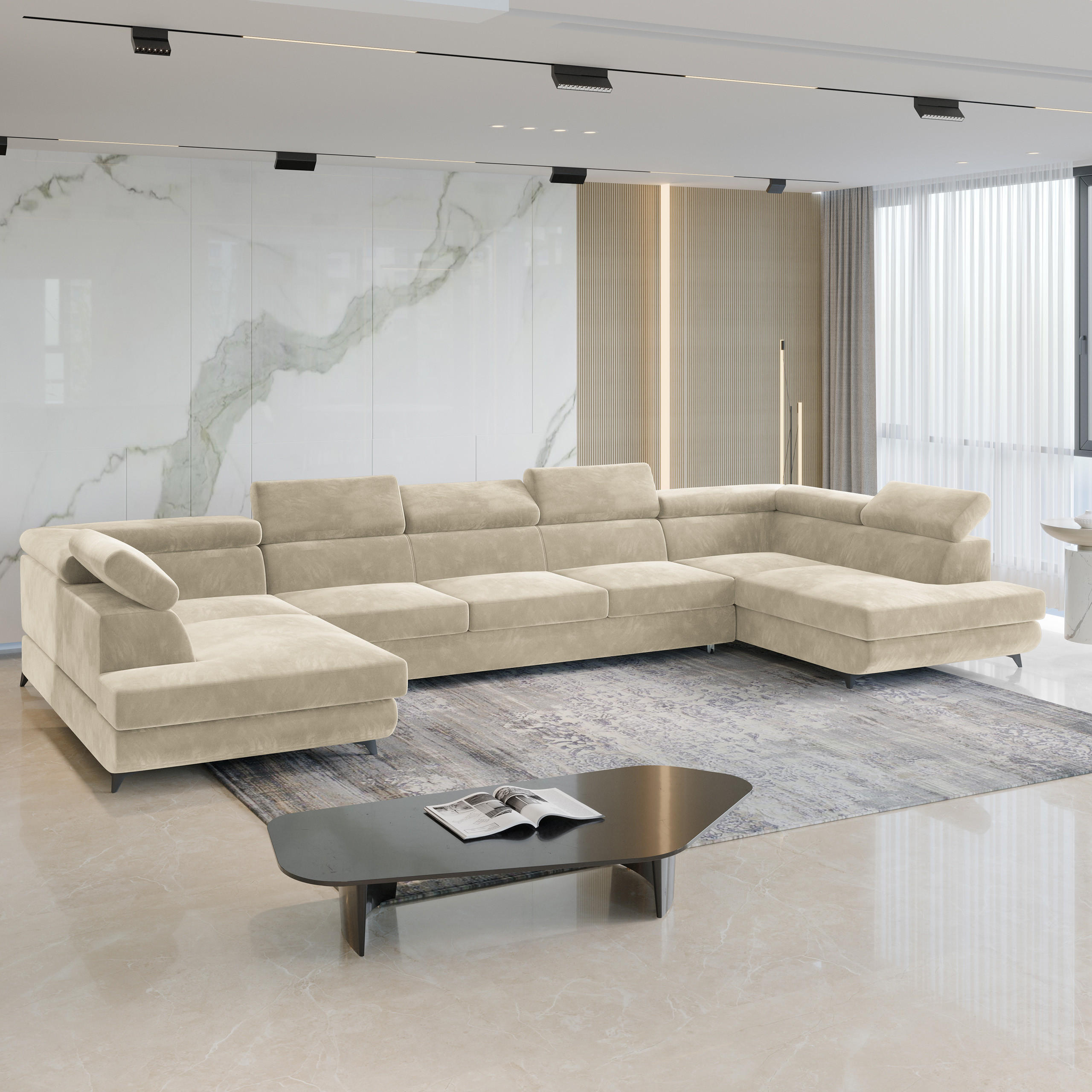 WOHNLANDSCHAFT URMANO Creme Velours-Stoff mit Schlaffunktion - Creme, Holz (395/89/190cm) - MASSENO