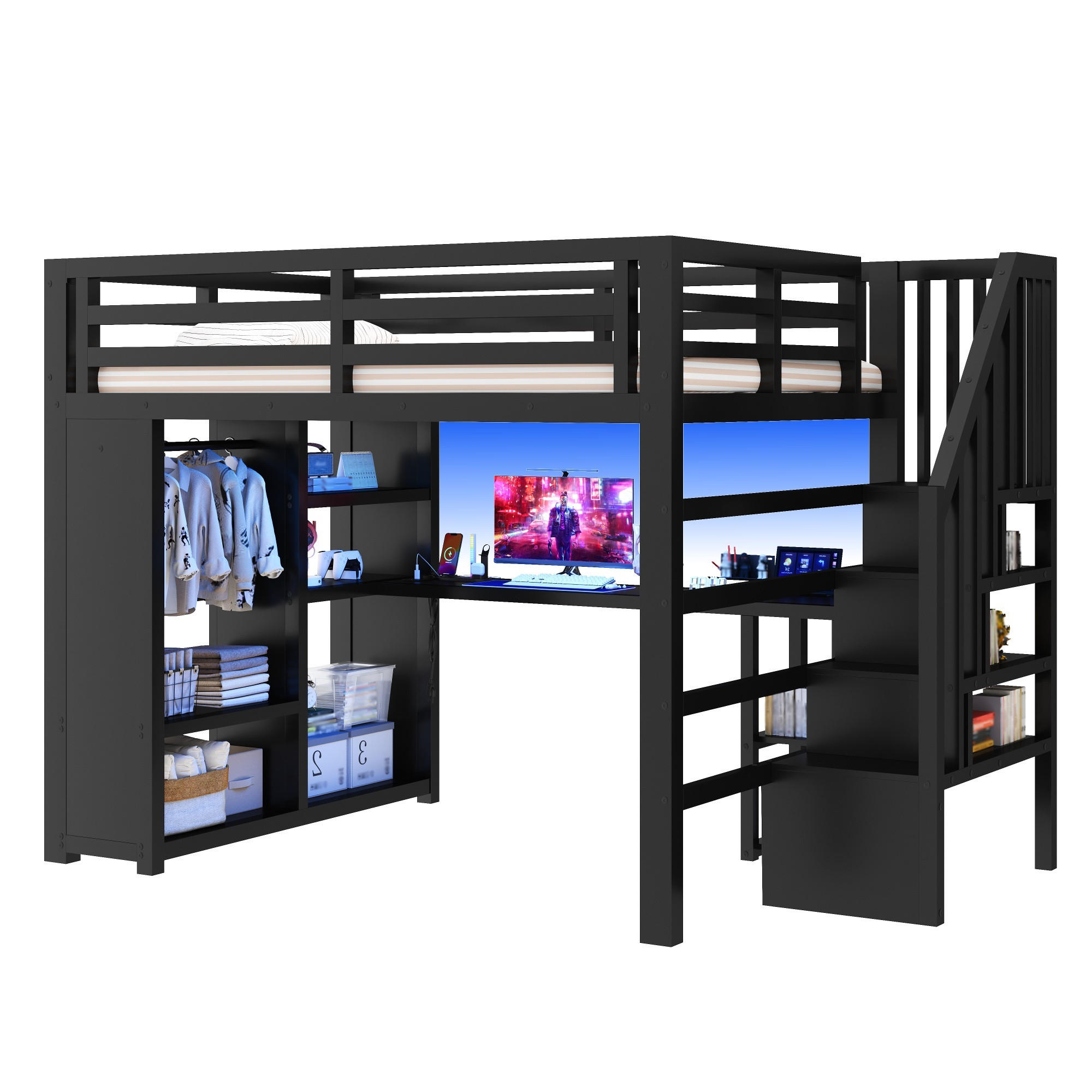 HOCHBETT 140/200 cm in Schwarz mit Schreibtisch, Treppe, Stauraum, LED und offenem Kleiderschrank aus Metall - Schwarz, Metall (140/200cm) - STILVORA
