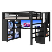 HOCHBETT 140/200 cm in Schwarz mit Schreibtisch, Treppe, Stauraum, LED und offenem Kleiderschrank aus Metall - Schwarz, Metall (140/200cm) - STILVORA
