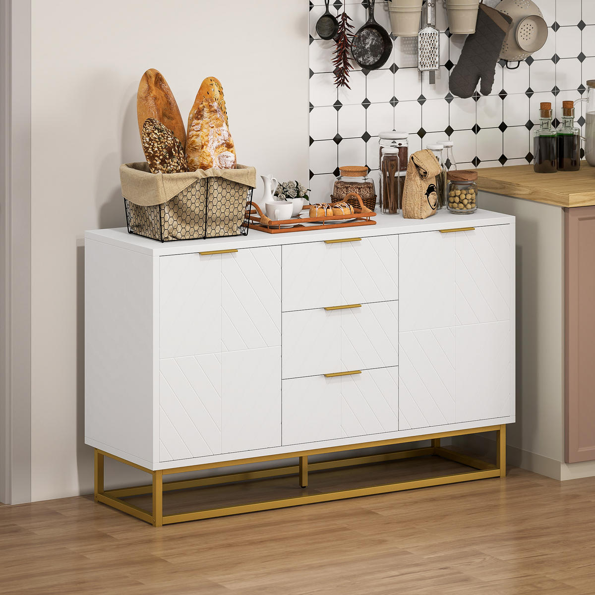 SIDEBOARD Weiß Goldfarben 120/40/76 cm - Weiß, Holz (120/76/40cm) - PANGIVO