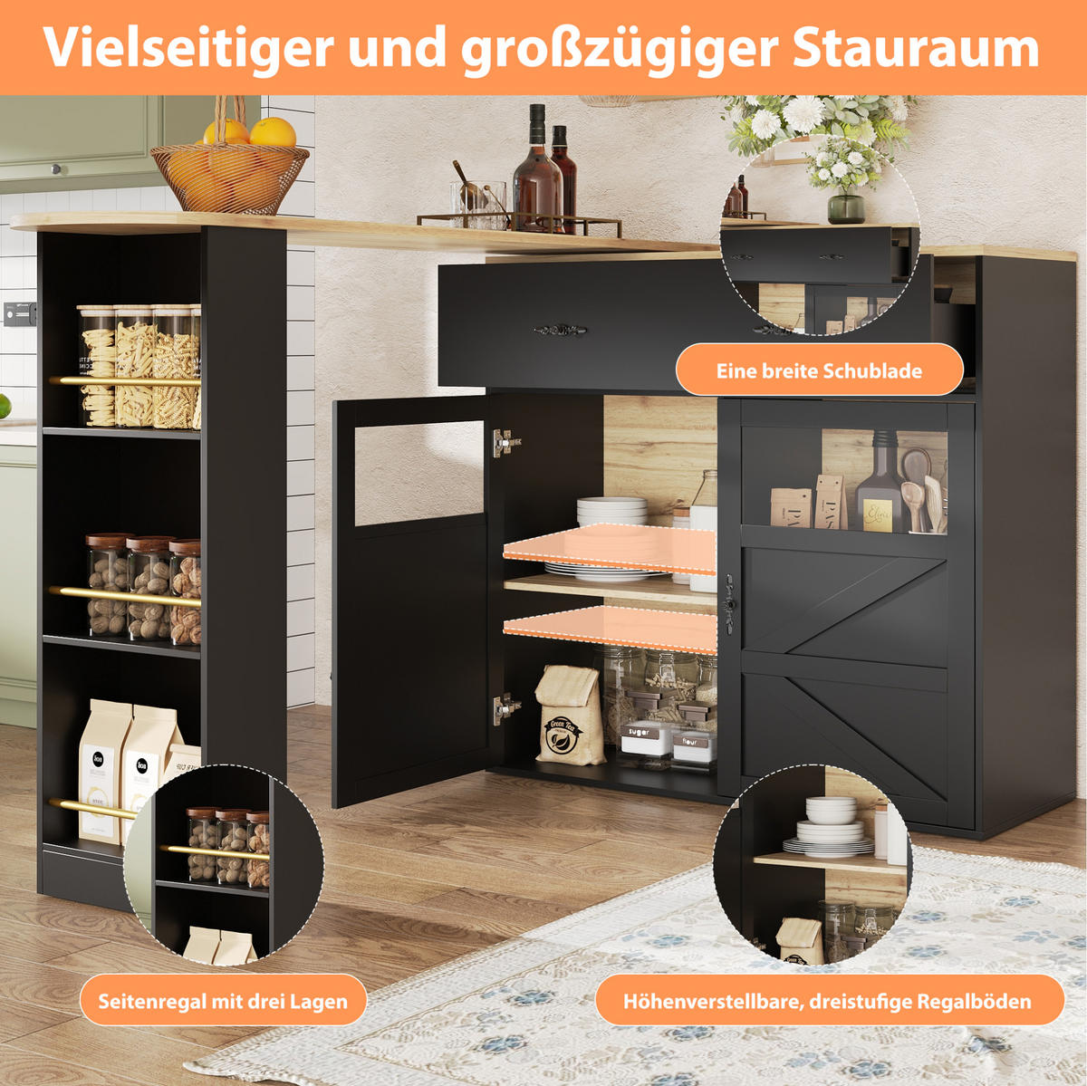 BARTISCH aus MDF, ausziehbar 138-204/39/104 cm mit 360° Drehfunktion & Stauraum, Schwarz - Schwarz, Holzwerkstoff (39/104/138cm) - Redom