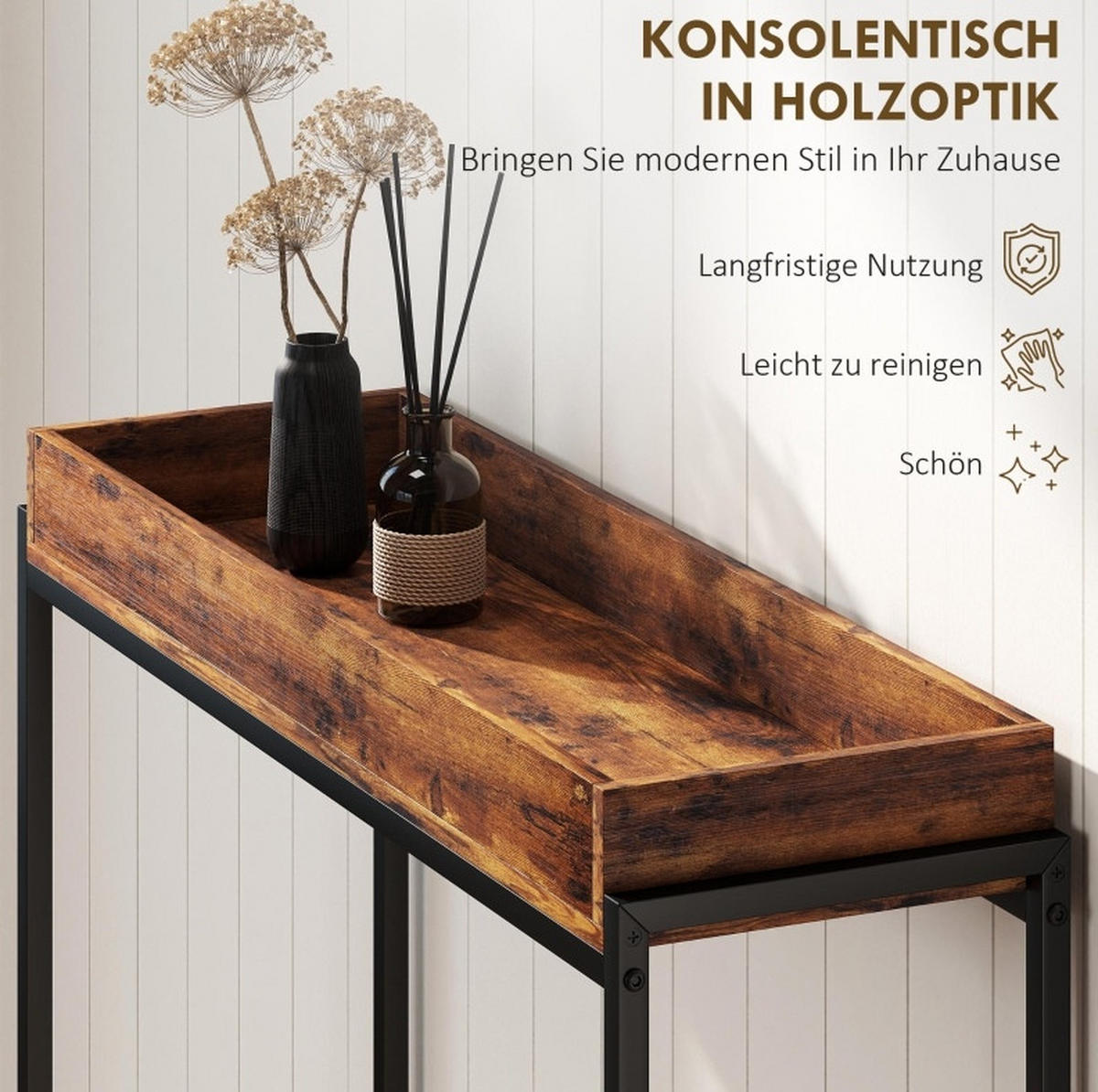 KONSOLENTISCH 100/30/91 cm in Rustikal-Braun mit Schutzgittern und Metallrahmen - Braun, Holz (100/30/91cm) - Flora Grace