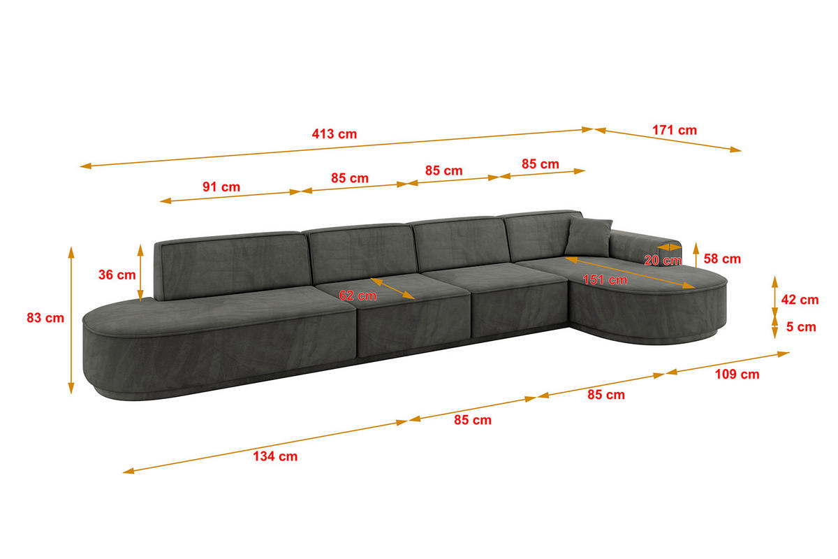 ECKSOFA Ottomane Rechts MARI-L3-v3 - 413x171x83 cm Dunkelgrau Velours - Dunkelgrau/Schwarz, Holzwerkstoff/Kunststoff (171/413cm) - ALTDECOR