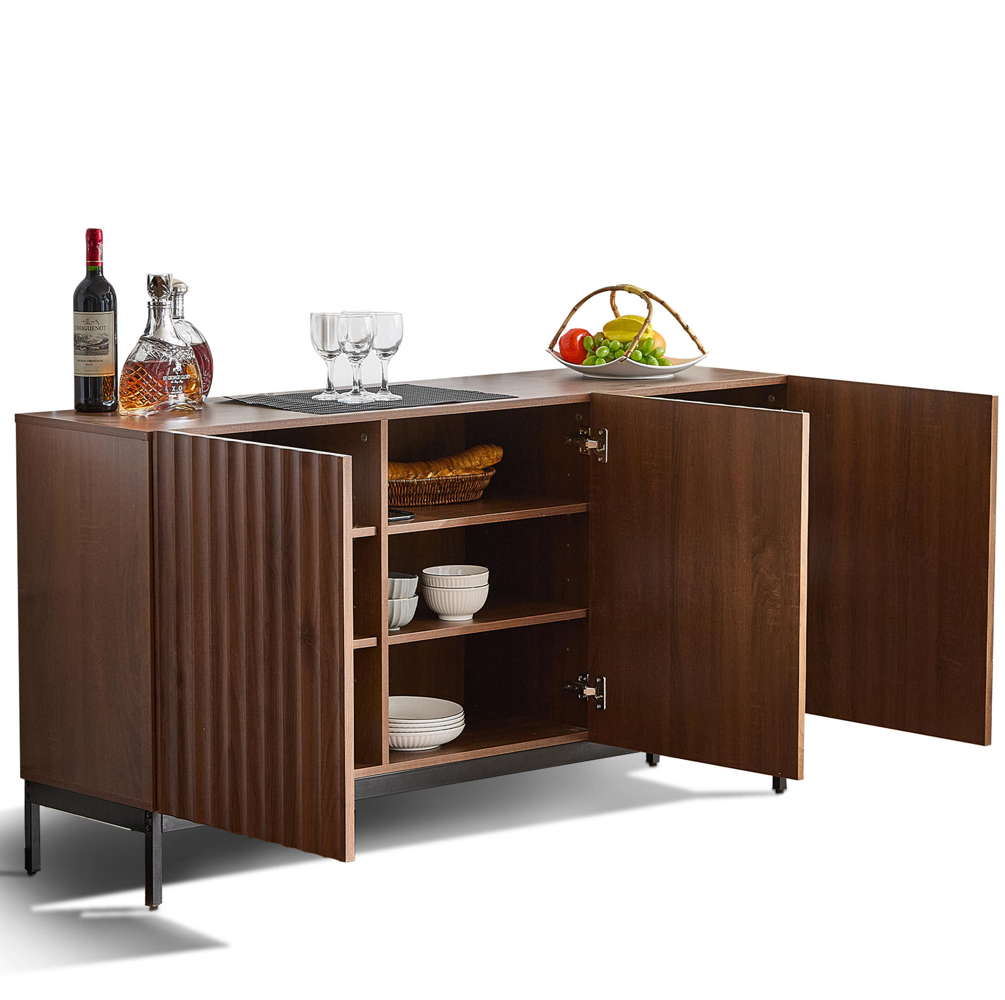 Modfu KOMODA z MDF 150x40x80 cm tmavě hnědá s vlnitým 3D designem, nastavitelnými policemi a ochranou proti převrácení