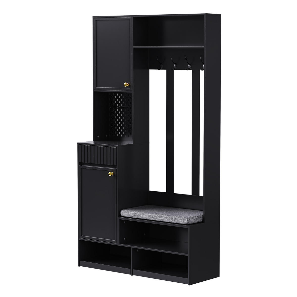 GARDEROBENSET 35/100/180 cm mit Sitzbank, 4 Haken und Schubladen, Schwarz - Schwarz, Holzwerkstoff (100/180/35cm) - Redom