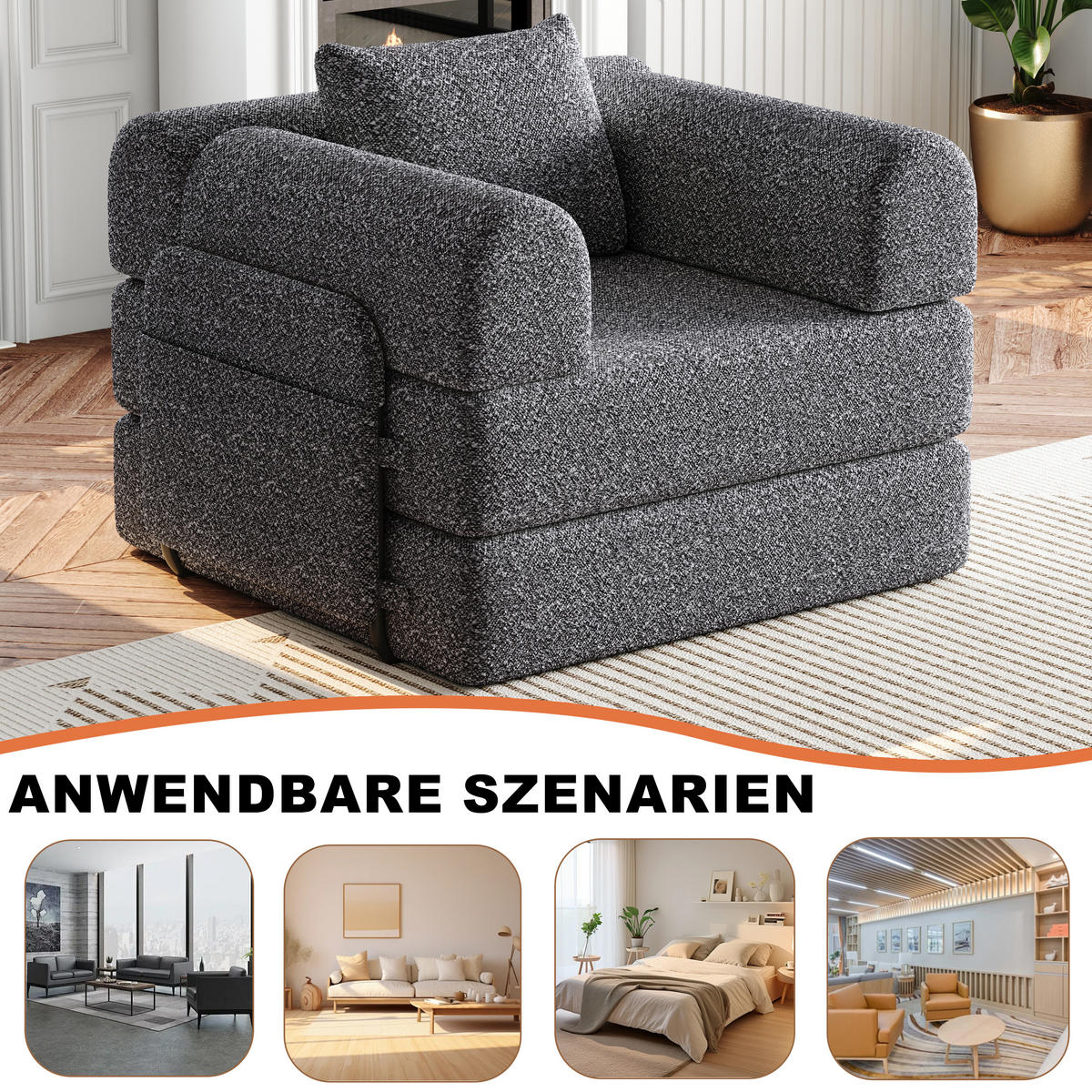 SCHLAFSOFA 2-in-1 mit Armlehnen-Ablagefach und Stahlrahmen grau Chenille 200/90/85 cm - Grau, Textil (94/49.5/94cm) - OKWISH