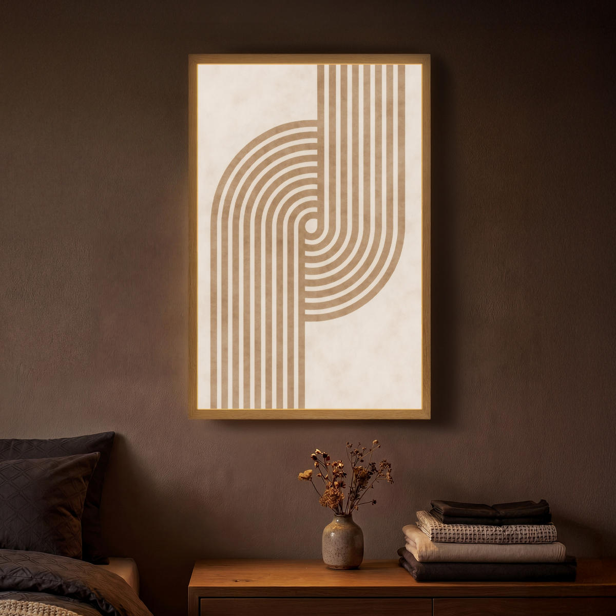 NÁSTĚNNÁ LAMPA S AKUMULÁTOREM Symetrický ohyb - měděná barva 40x60 cm - béžová, kompozitní dřevo (40/60/8cm) - OnlyWow