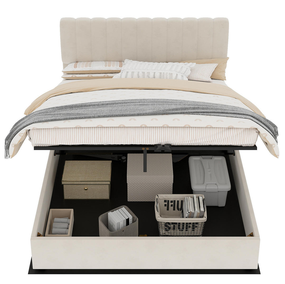 POLSTERBETT 140/200 cm beige aus Stoff und Metall mit gepolstertem Kopfteil - Beige, Textil (140/200cm) - OKWISH