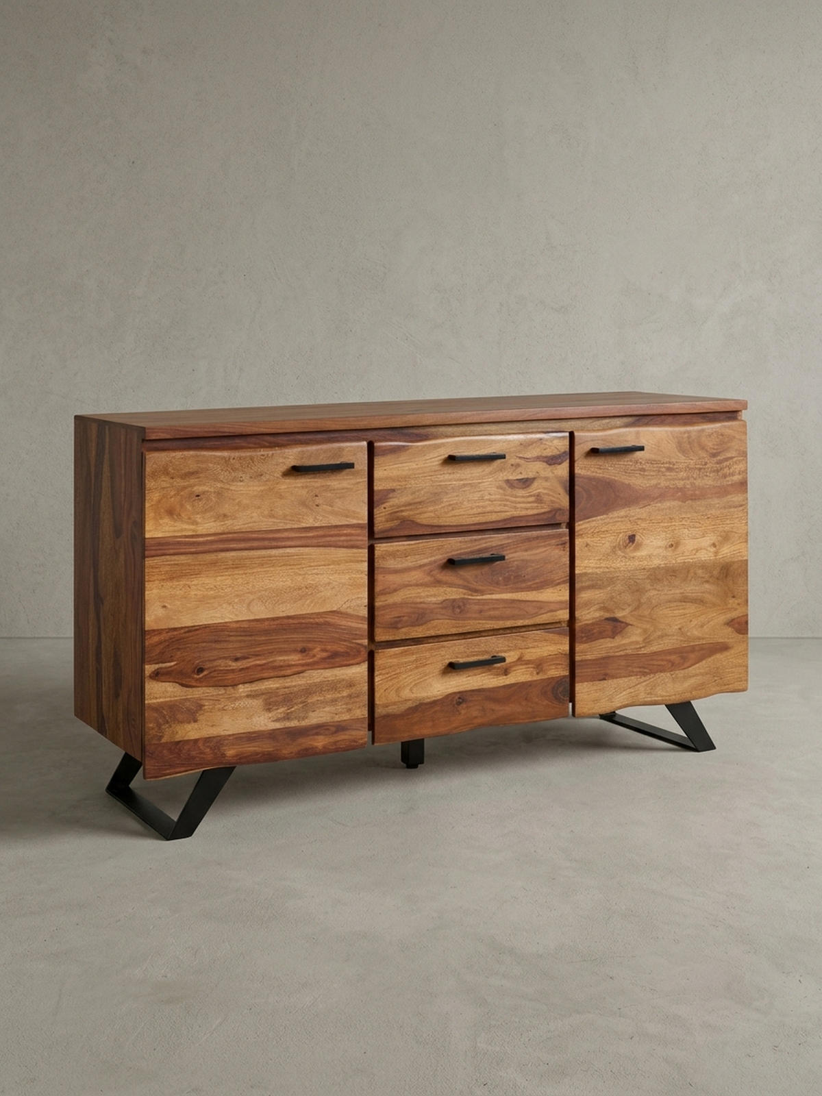 SIDEBOARD – Massivholz, 145x82x45 cm, mit Baumkante, Metallgestell - Schwarz/Braun, Holz/Metall (145/82/45cm) - KADIMA DESIGN