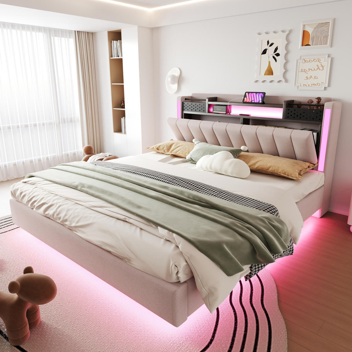 BETT mit LED und USB 160x200 cm Beige - Beige, Metall (160/200cm) - Meubliv