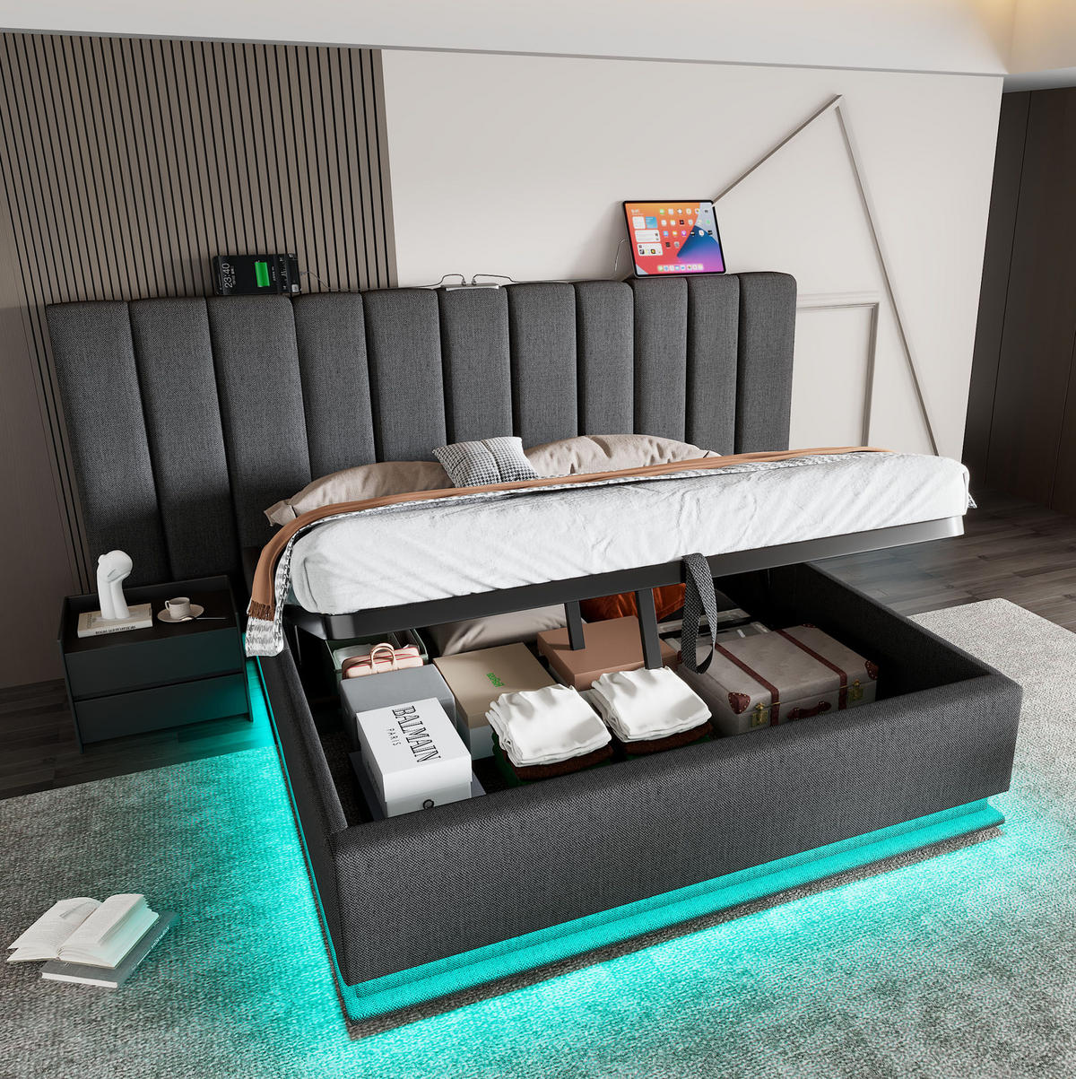 POLSTERBETT 160/200 cm Grau mit Stauraum, LED-Beleuchtung und USB- und Type-C-Anschlüssen - Grau, Textil (160/200cm) - Flora Grace