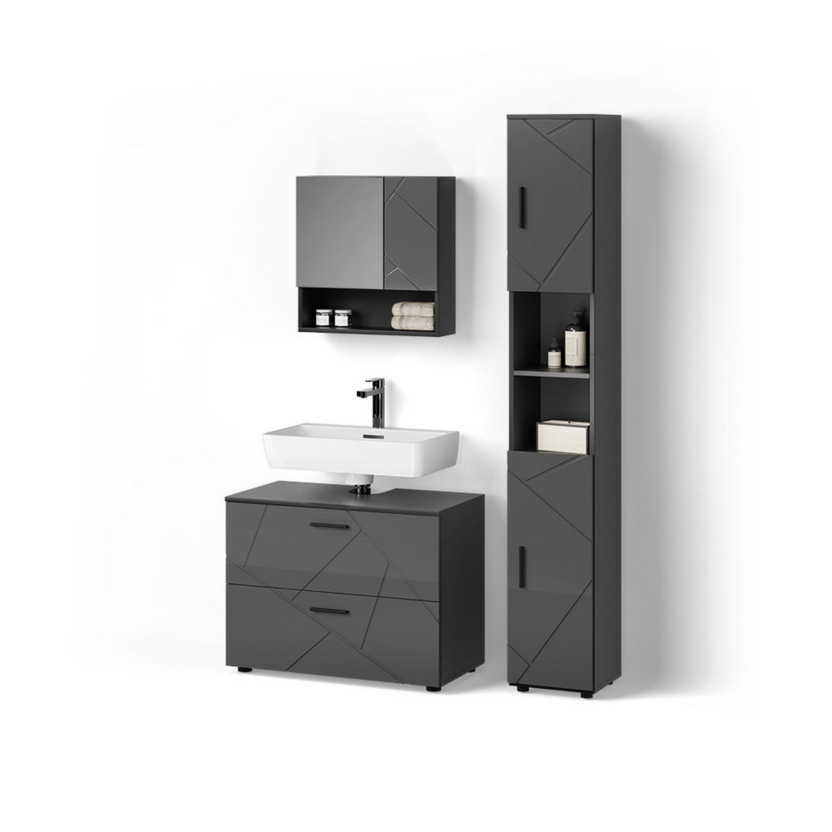BADMÖBEL-SET Ronco Anthrazit Hochglanz 3 Teile, mit Schubladenschrank und Hochschrank - Anthrazit, Holzwerkstoff (80/58/41cm) - Livinity®