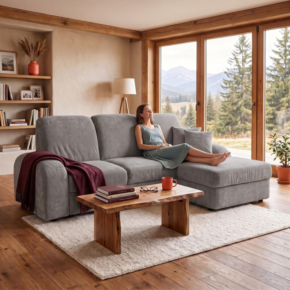 ECKSOFA VIBE S Rechts mit Schlaffunktion 130x202 Chenille Grau - Schwarz/Grau, Holz/Kunststoff (156/255cm) - Muffo