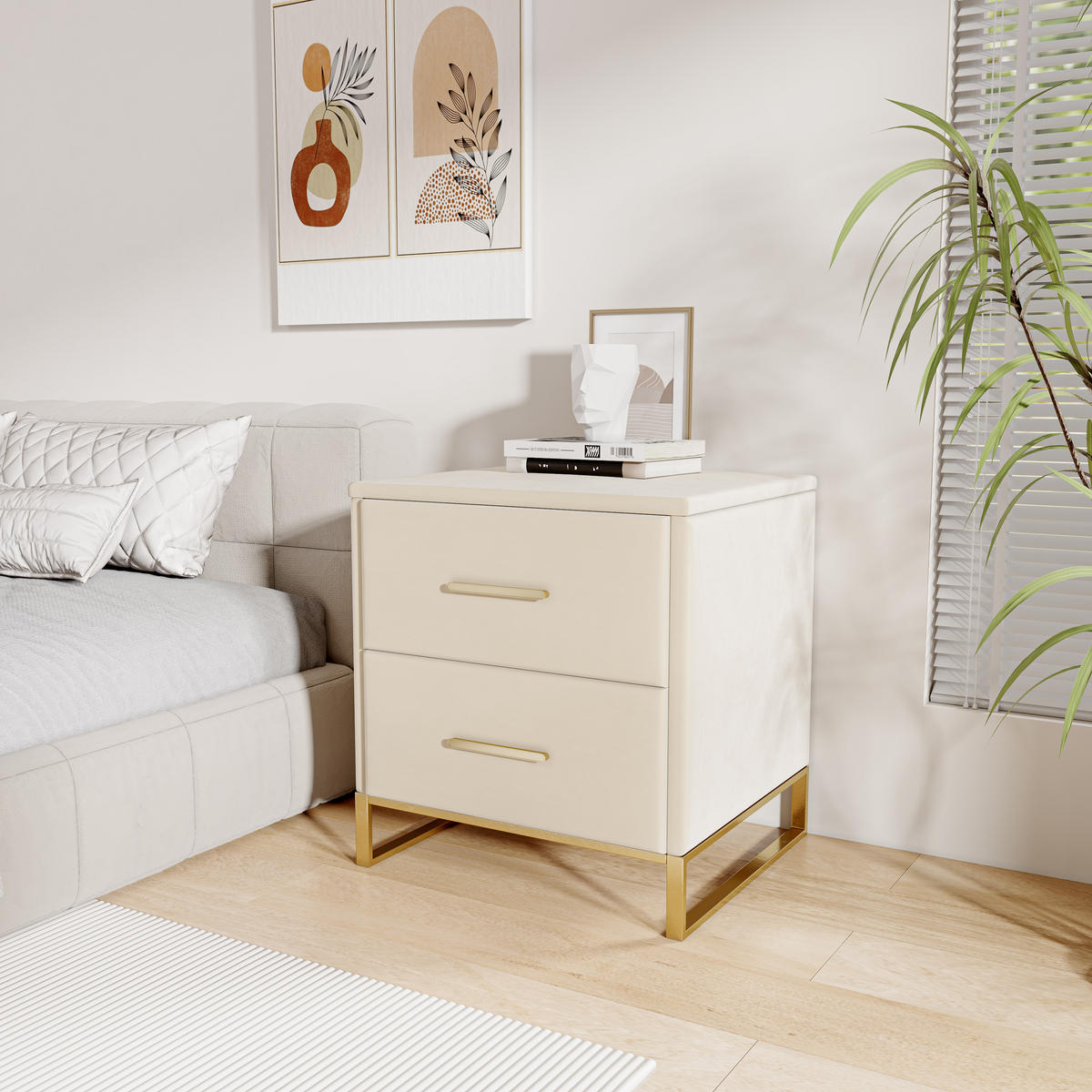 NACHTTISCH 2er Set mit 2 Schubladen, Samtbezug und Metallbeinen für Schlafzimmer - Beige, Textil (40/50/40cm) - PARAFTA HOME
