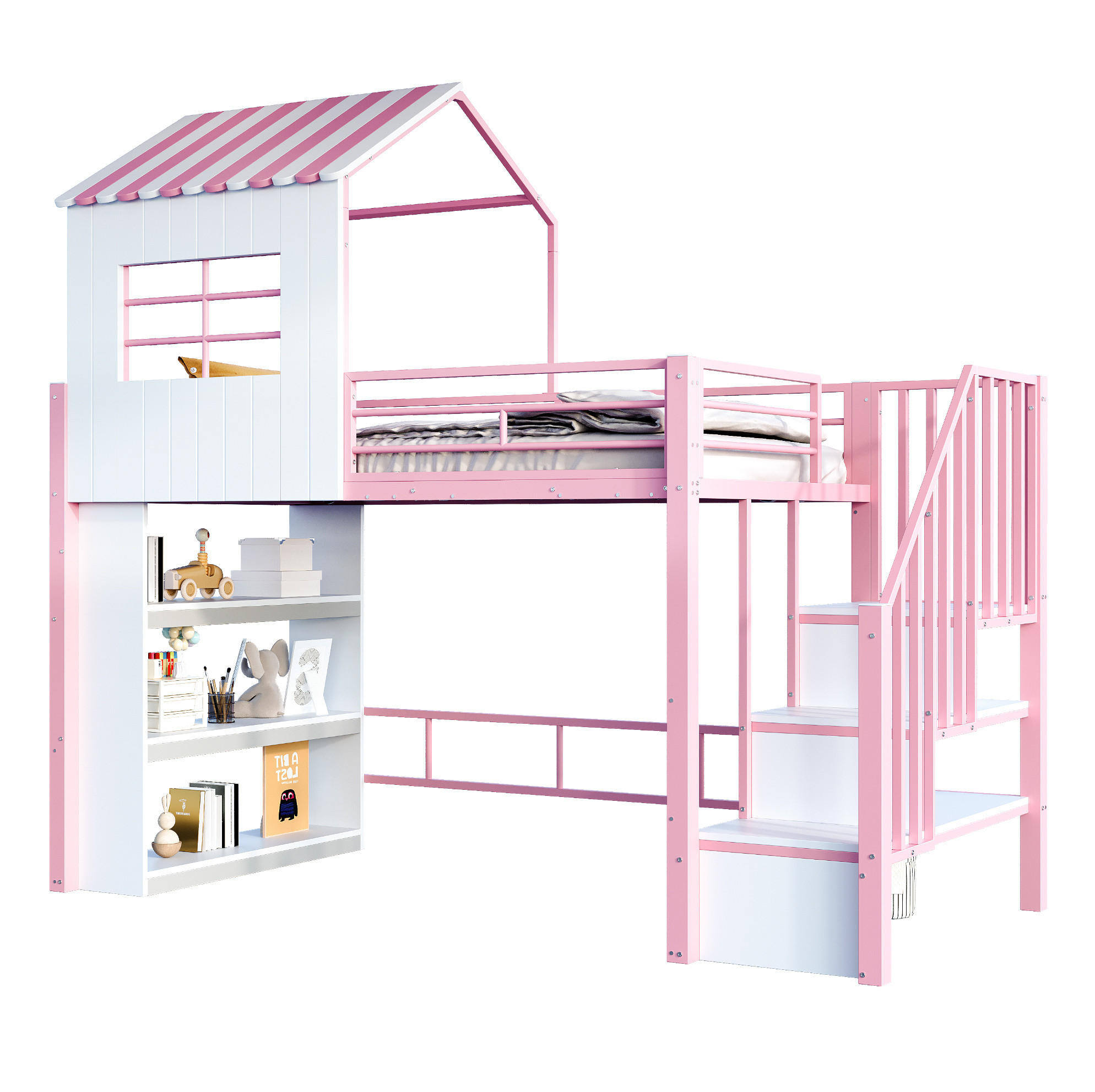 HOCHBETT 90/200 cm aus Metall und MDF mit Stauraumtreppe, Regal und Freiraum unter dem Bett, Rosa/Weiß - Rosa, Metall (90/200cm) - Redom