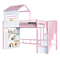 HOCHBETT 90/200 cm aus Metall und MDF mit Stauraumtreppe, Regal und Freiraum unter dem Bett, Rosa/Weiß - Rosa, Metall (90/200cm) - Redom
