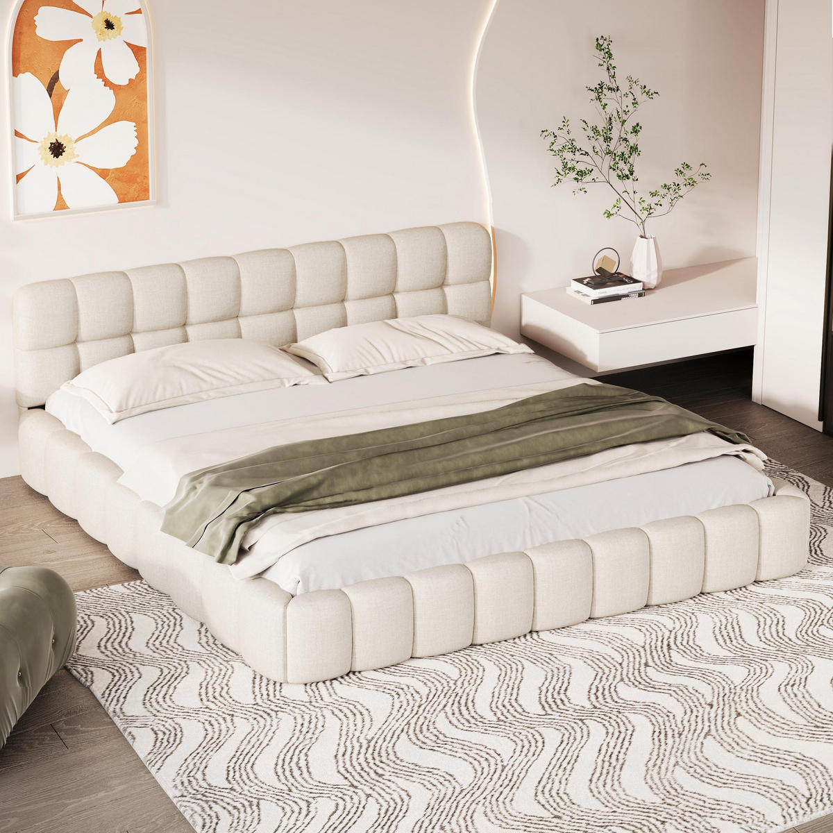 POLSTERBETT 160/200cm, mit Kopfteil in Form von Marshmallows, lattenrost, Doppelbett aus Leinen - Beige - Beige, Textil (160/200cm) - Waldena