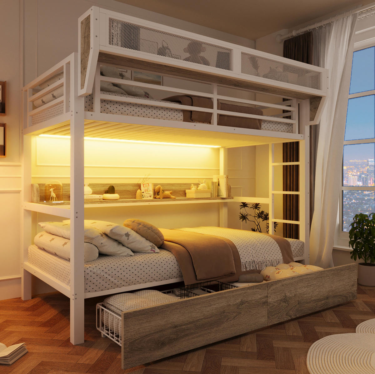 ETAGENBETT 90/200 cm aus Metall und MDF mit LED-Licht und Stauraum Weiß - Weiß, Holzwerkstoff (90/200cm) - Modenvie