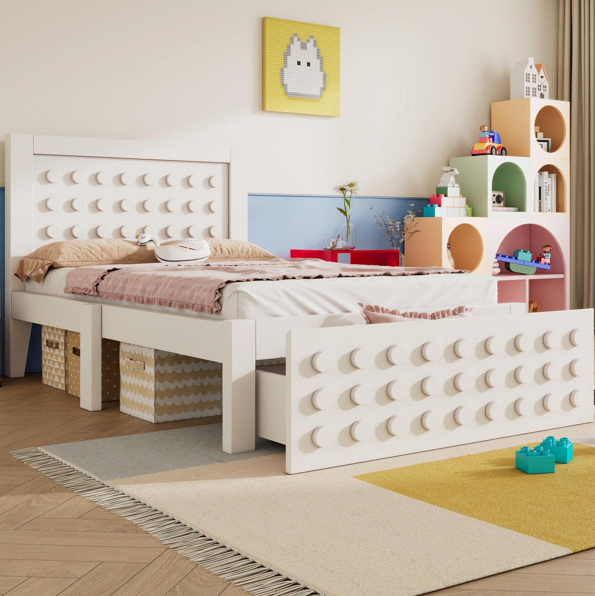 KINDERBETT 90/200 cm mit Schublade und Stauraum, Lattenrost und kreativem Blockdesign, Weiß - Weiß, Holz (90/200cm) - Redom