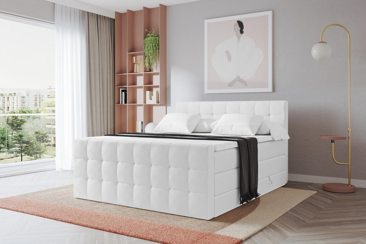 BOXSPRINGOVÁ POSTEL s matrací H3/H4 - IGAN-Z KING - 140x200 cm Bílá - vysoce lesklá bílá, kompozitní dřevo (143/200cm) - ALTDECOR