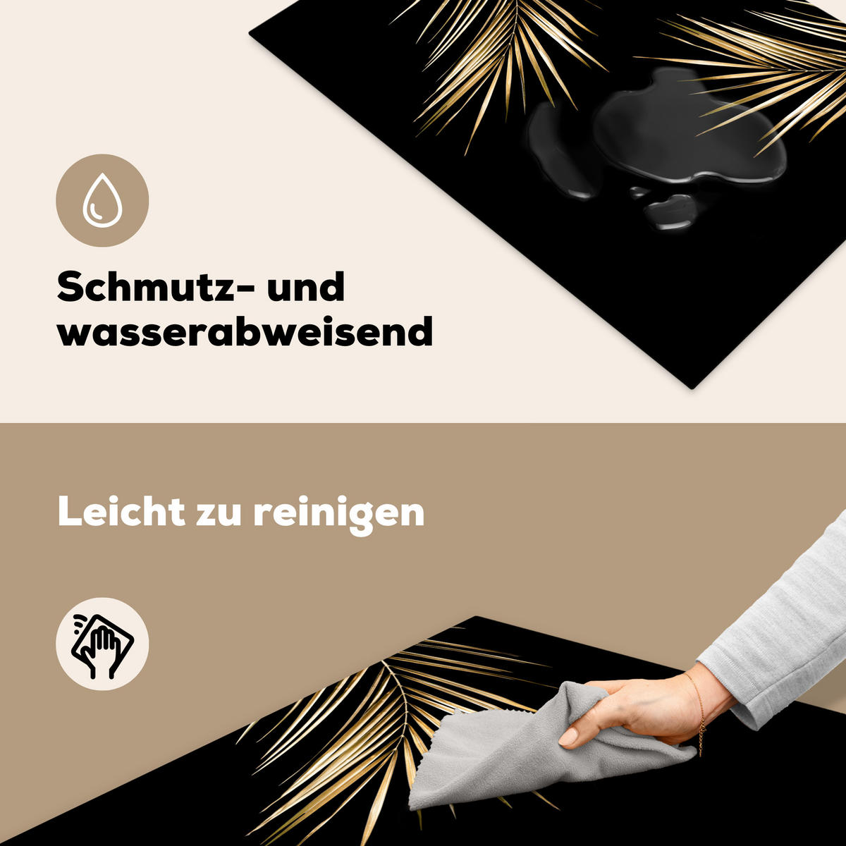 HERDABDECKPLATTE Blätter - Pflanzen - Gold - Schwarz - Luxus 78x52 cm - Goldfarben, Kunststoff (78/52/0.2cm) - MuchoWow