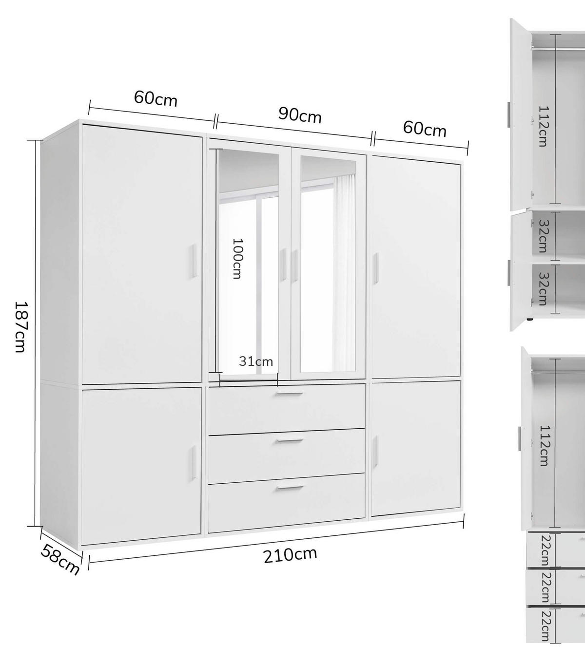 KLEIDERSCHRANK mit Spiegel Der Grenzenlose - Weiß, Holzwerkstoff (210/187/58cm) - Mokebo