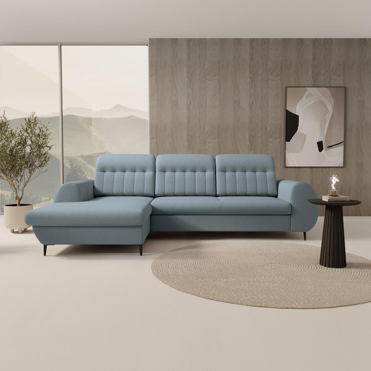 ECKSOFA PURO L-S Blau Plüsch-Stoff mit Schlaffunktion - Blau, Holz (275/166cm) - MASSENO