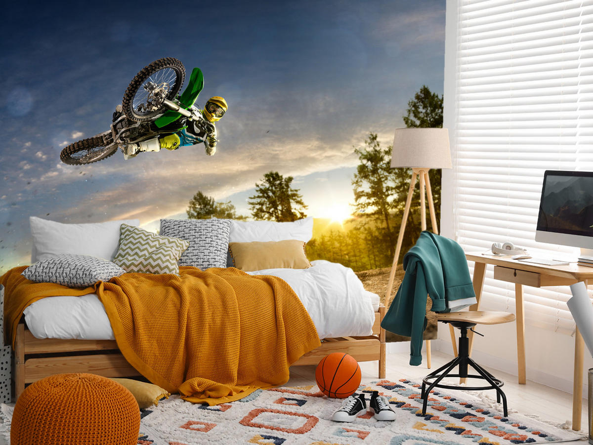 FOTOTAPETE für Jugendzimmer Motocross Sprung Berge Bäume 500x350 - Gelb/Beige, Papier (500/350cm) - Muralo