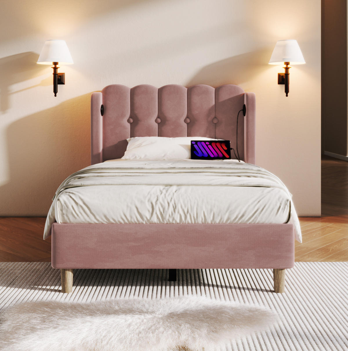 POLSTERBETT 90/200 cm in Rosa aus Samt mit USB- und Type-C-Anschlüssen - Rosa, Textil (90/200cm) - Flora Grace