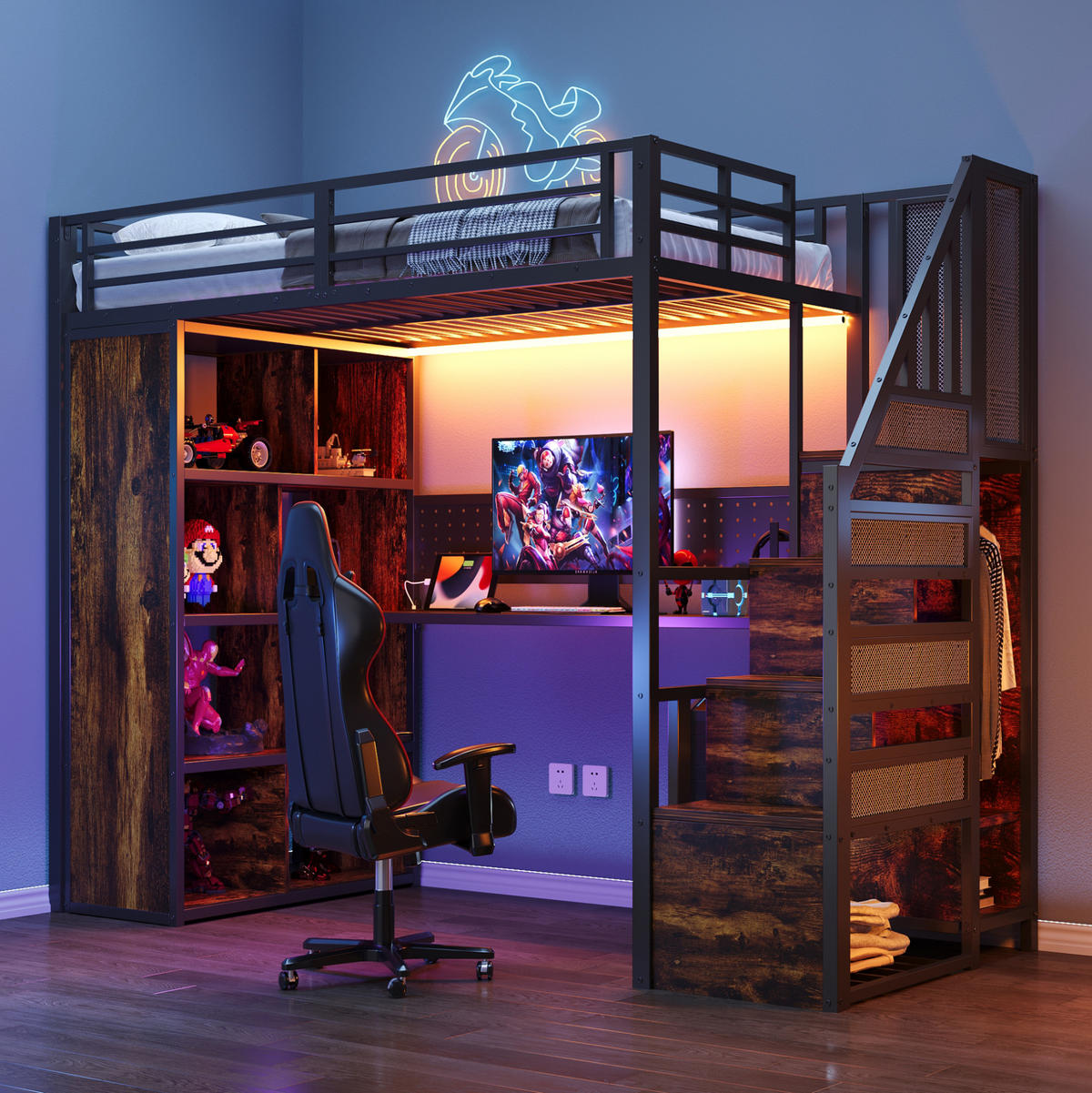 HOCHBETT 90/200 cm schwarz aus Metall und Holz mit Schreibtisch - Schwarz, Holzwerkstoff (90/200cm) - OKWISH