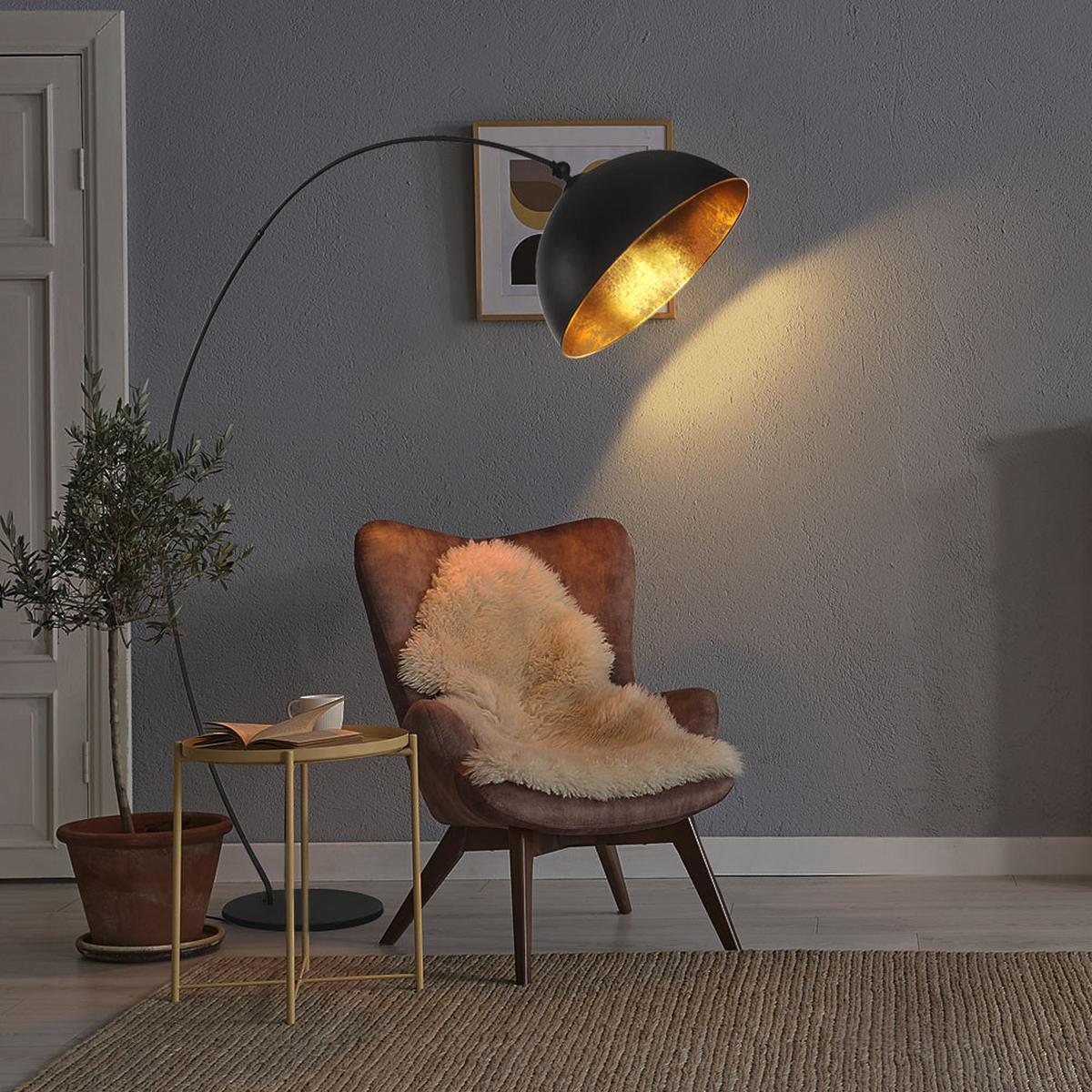 LED STEHLEUCHTE Blattgold Schwarz Matt - Schwarz, Metall (115/45/182cm) - Globo Lighting
